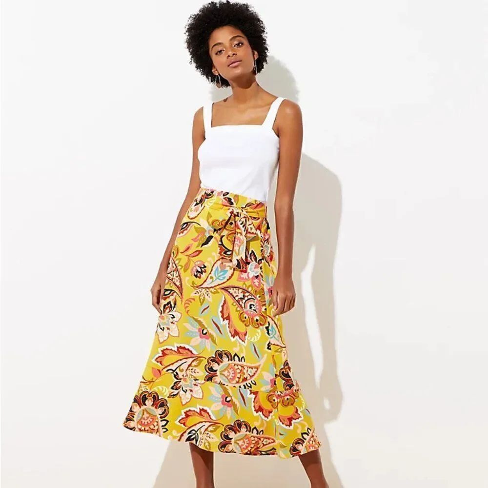 Ann Taylor LOFT Yellow Paisley Floral Midi Skirt Small